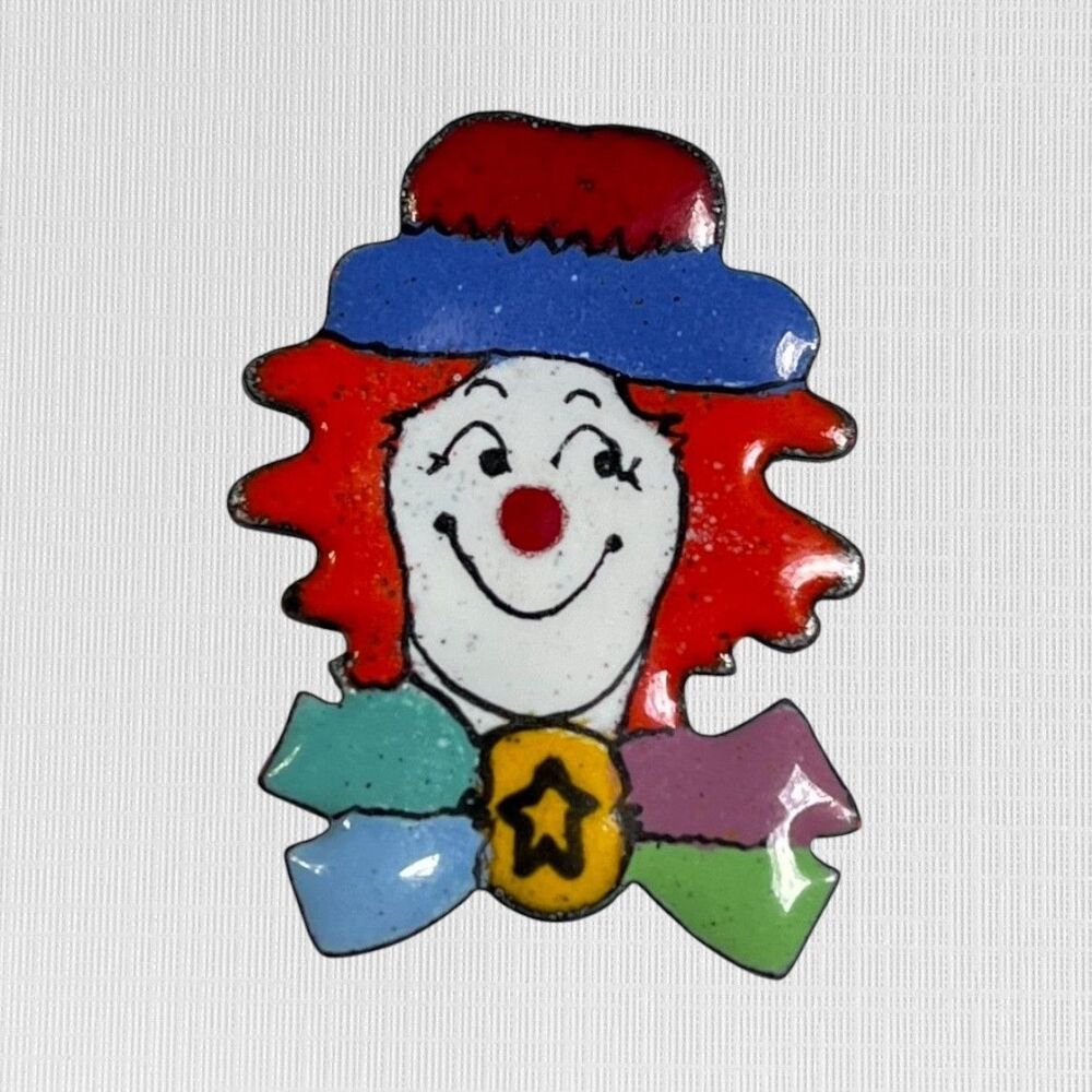 Sara Coast Enamel Clown Face Pin Handmade Illustrated Art Colorful Signed Brooch